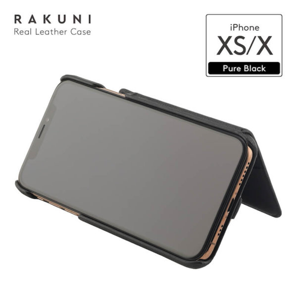 ラクニ（RAKUNI）iPhone XS iPhone X背面手帳ケース ピュアブラック（Pure Black）