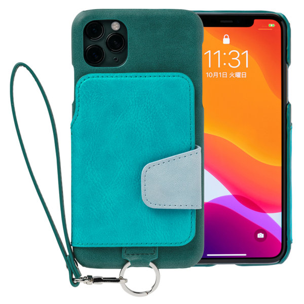 RAKUNI iPhone11promax用 iPhoneケース グリーン（緑） 財布、背面手帳型、背面フリップ、背面ポケット、便利、人気、モデル、インフルエンサー