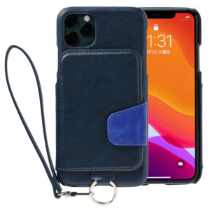 RAKUNI iPhone11promax用 iPhoneケース ネイビー 青 財布、背面手帳型、背面フリップ、背面ポケット、便利、人気、モデル、インフルエンサー