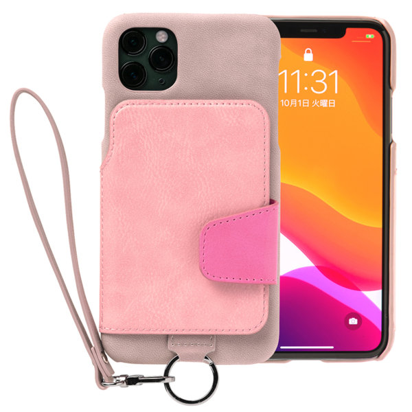 RAKUNI iPhone11promax用 iPhoneケース ピンク 財布、背面手帳型、背面フリップ、背面ポケット、便利、人気、モデル、インフルエンサー