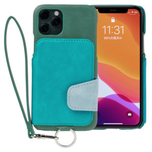 RAKUNI iPhone11Pro用 iPhoneケース グリーン（緑） 財布、背面手帳型、背面フリップ、背面ポケット、便利