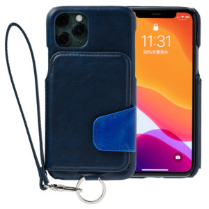 RAKUNI iPhone11Pro用 iPhoneケース ネイビー（青）財布、背面手帳型、背面フリップ、背面ポケット、便利