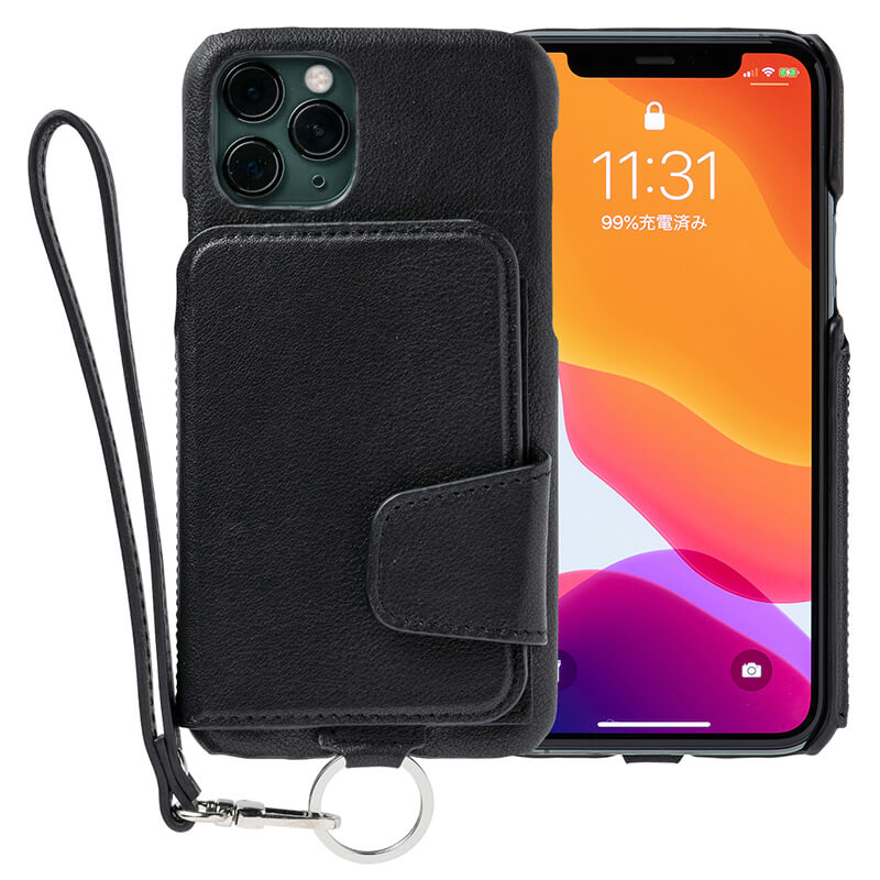 RAKUNI iPhone11promax用 iPhoneケース ブラック 黒 本革 レザー 高級 財布、背面手帳型、背面フリップ、背面ポケット、便利、人気、モデル、インフルエンサー