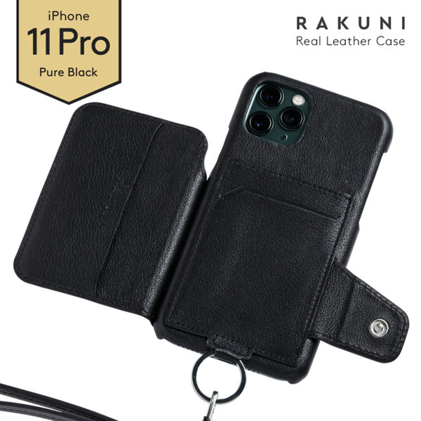 RAKUNI iPhone11Pro用 iPhoneケース ブラック（黒） 財布、背面手帳型、背面フリップ、背面ポケット、便利