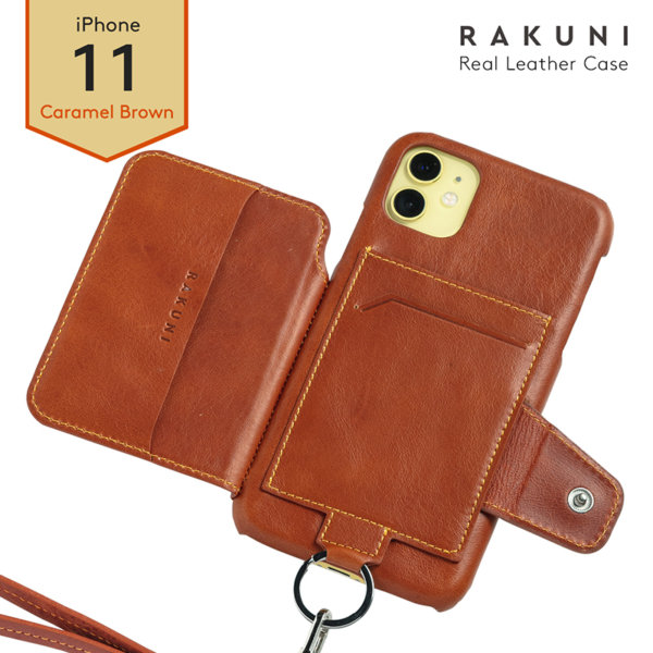 RAKUNI iPhone11用 iPhoneケース ブラウン 茶 本革 レザー 高級 財布、背面手帳型、背面フリップ、背面ポケット、便利、人気、モデル、インフルエンサー