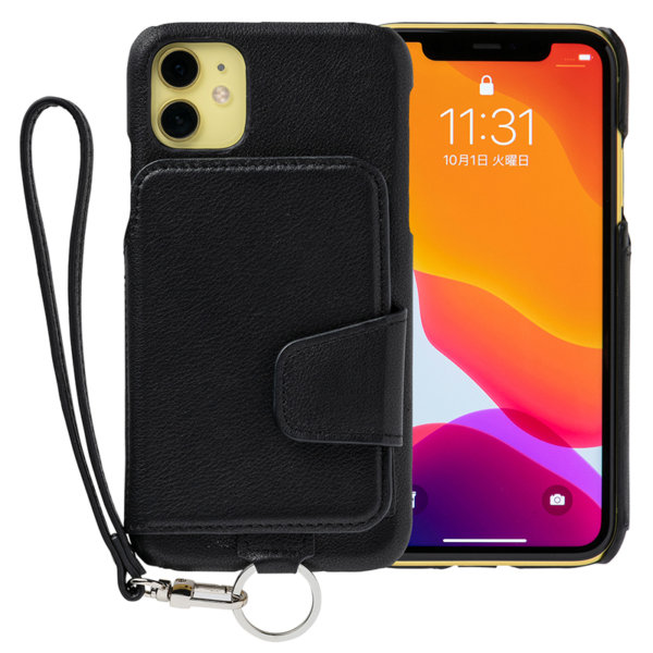 RAKUNI iPhone11用 iPhoneケース ブラック 黒 本革 レザー 高級 財布、背面手帳型、背面フリップ、背面ポケット、便利、人気、モデル、インフルエンサー