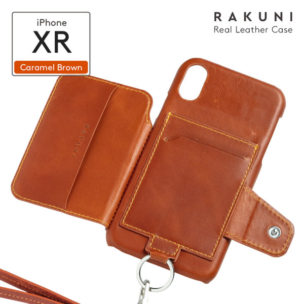 RAKUNI iPhoneXR用 iPhoneケース ブラウン 茶 本革 レザー 高級 財布、背面手帳型、背面フリップ、背面ポケット、便利、人気、モデル、インフルエンサー