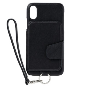 RAKUNI iPhoneXR用 iPhoneケース ブラック 黒 本革 レザー 高級 財布、背面手帳型、背面フリップ、背面ポケット、便利、人気、モデル、インフルエンサー