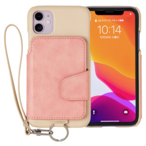 RAKUNI iPhone11用 iPhoneケース 背面ポケット 財布 財布一体 背面手帳型 背面フリップ 便利 人気 モデル インフルエンサー ピンク