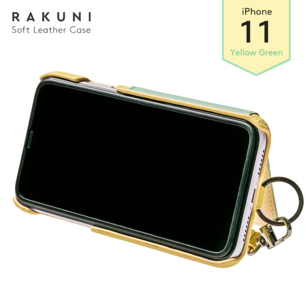 RAKUNI iPhone11用 iPhoneケース 背面ポケット 財布 財布一体 背面手帳型 背面フリップ 便利 人気 モデル インフルエンサー 緑 グリーン 黄 イエロー マルチカラー